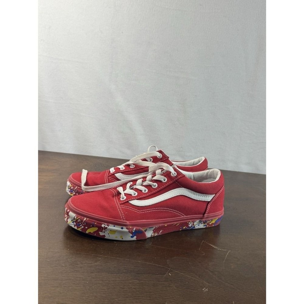 Vans Old Skool Red Canvas Sneakers Paint Splatter Sole Women's 6.5 / Men's 5